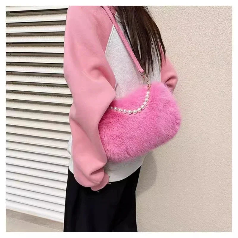 Candy Color Pearl Handle Women's Plush Crossbody Bag Portable Female Furry Handbags Winter Fashion Casual Ladies Shoulder Bags