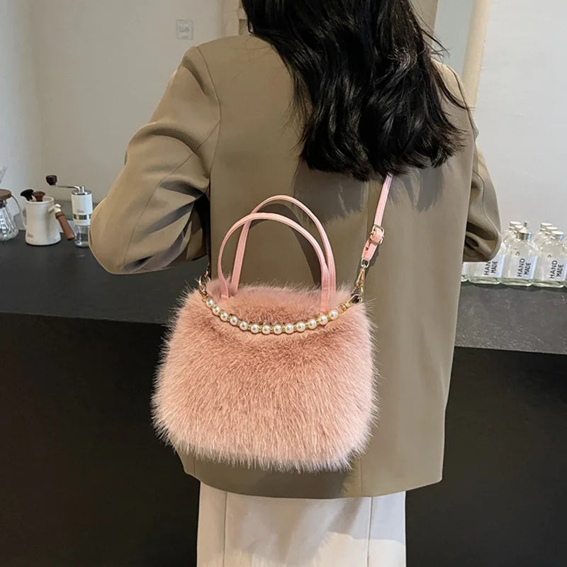 Candy Color Pearl Handle Women's Plush Crossbody Bag Portable Female Furry Handbags Winter Fashion Casual Shoulder Bags