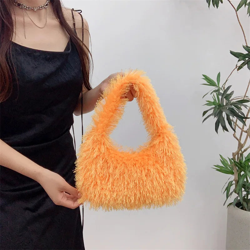 Solid Color Faux Fur Women's Furry Shoulder Bag Sweet Winter Plush Ladies Tote Handbags Simple Female Underarm Bags Purse Clutch