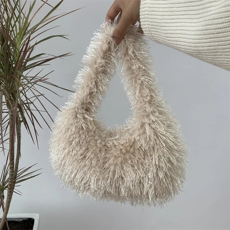 Solid Color Faux Fur Women's Furry Shoulder Bag Sweet Winter Plush Ladies Tote Handbags Simple Female Underarm Bags Purse Clutch