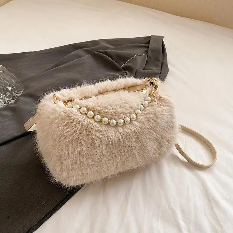 Candy Color Pearl Handle Women's Plush Crossbody Bag Portable Female Furry Handbags Winter Fashion Casual Ladies Shoulder Bags