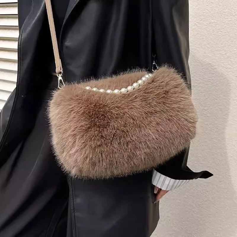 Candy Color Pearl Handle Women's Plush Crossbody Bag Portable Female Furry Handbags Winter Fashion Casual Ladies Shoulder Bags