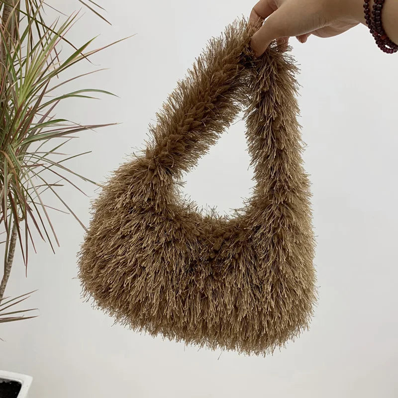 Solid Color Faux Fur Women's Furry Shoulder Bag Sweet Winter Plush Ladies Tote Handbags Simple Female Underarm Bags Purse Clutch