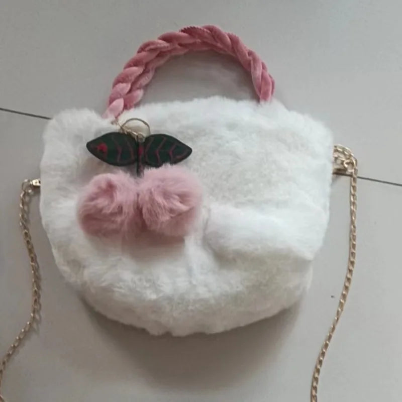 New Fashion Women Handbags Winter Furry Ladies Soft Plush Clutch Purse Shoulder Bags Fashion Female Cherry Pendant Messenger Bag
